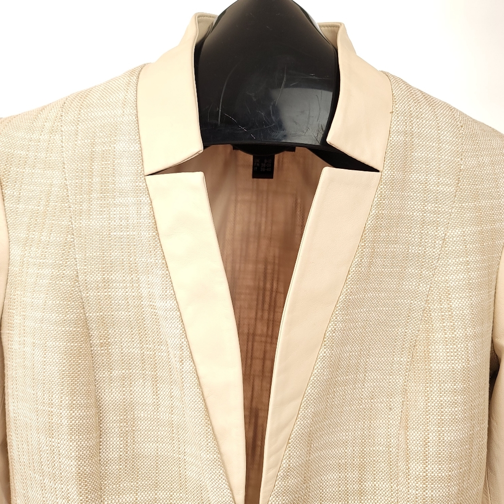 DANIER ITALIAN LEATHER/Tweed Jacket Stand Collar Faux Welt Pockets Cream Sz XS